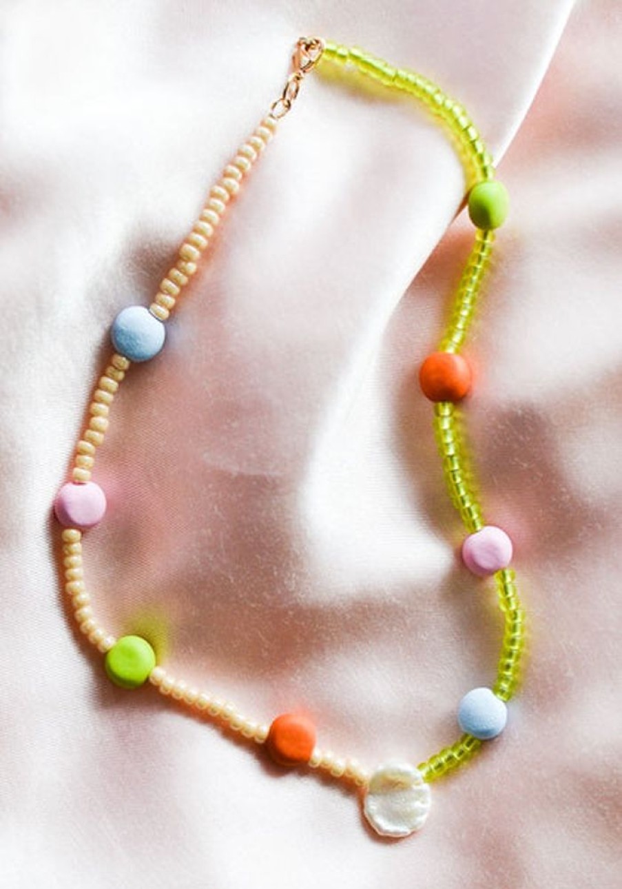 Jewellery Emily Green | Emily Green - Splits Glass And Clay Necklace In Champagne, Wasabi And