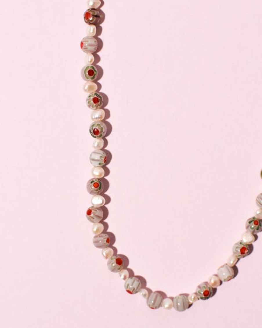 Jewellery Emily Green | Emily Green - Millefiori & Pearl Necklace - Ice Pink