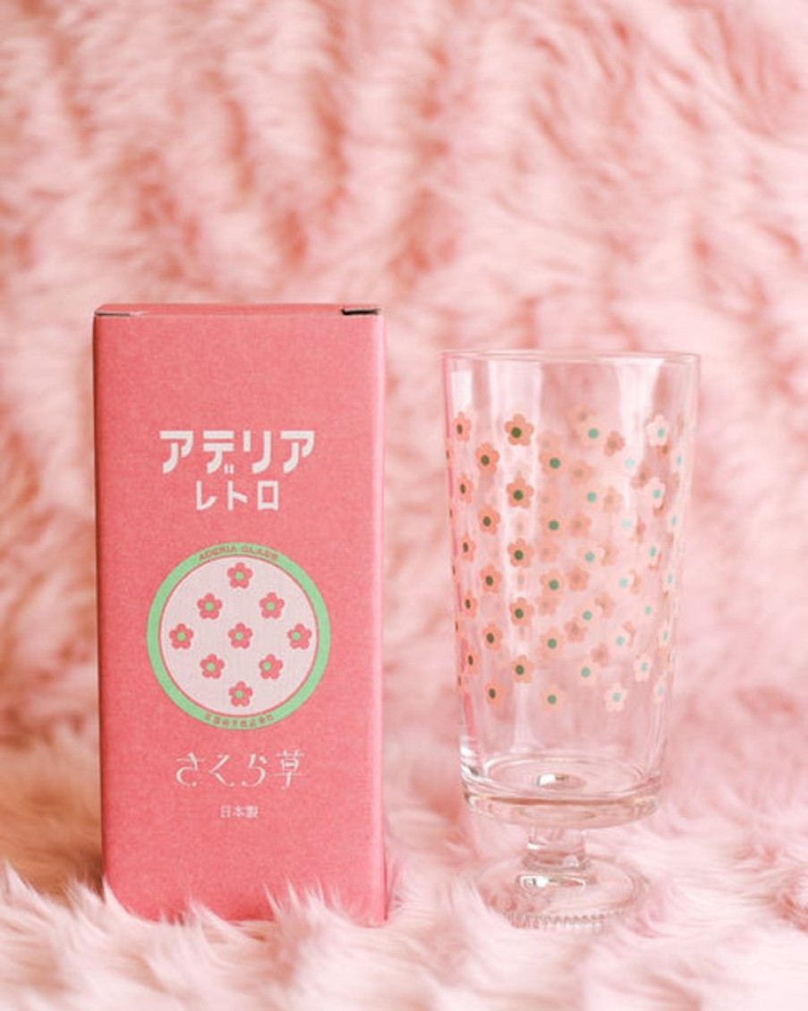 Home Decor Aderia | Aderia - Retro Glass Tumbler With Stem - Sakuragusa Pink Flowers