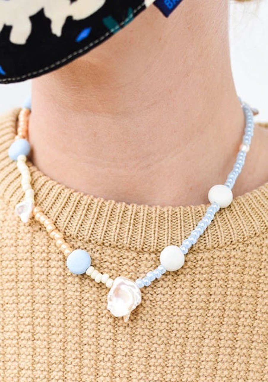 Jewellery Emily Green | Emily Green - Splits Glass And Clay Necklace In Ice Blue, Bone And Cha