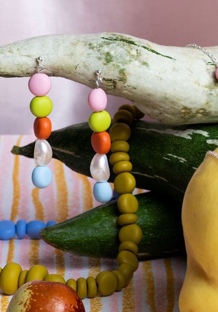 Jewellery Emily Green | Emily Green - Splits Beaded Pearl Drop Earrings - Caramel, Powder Blue