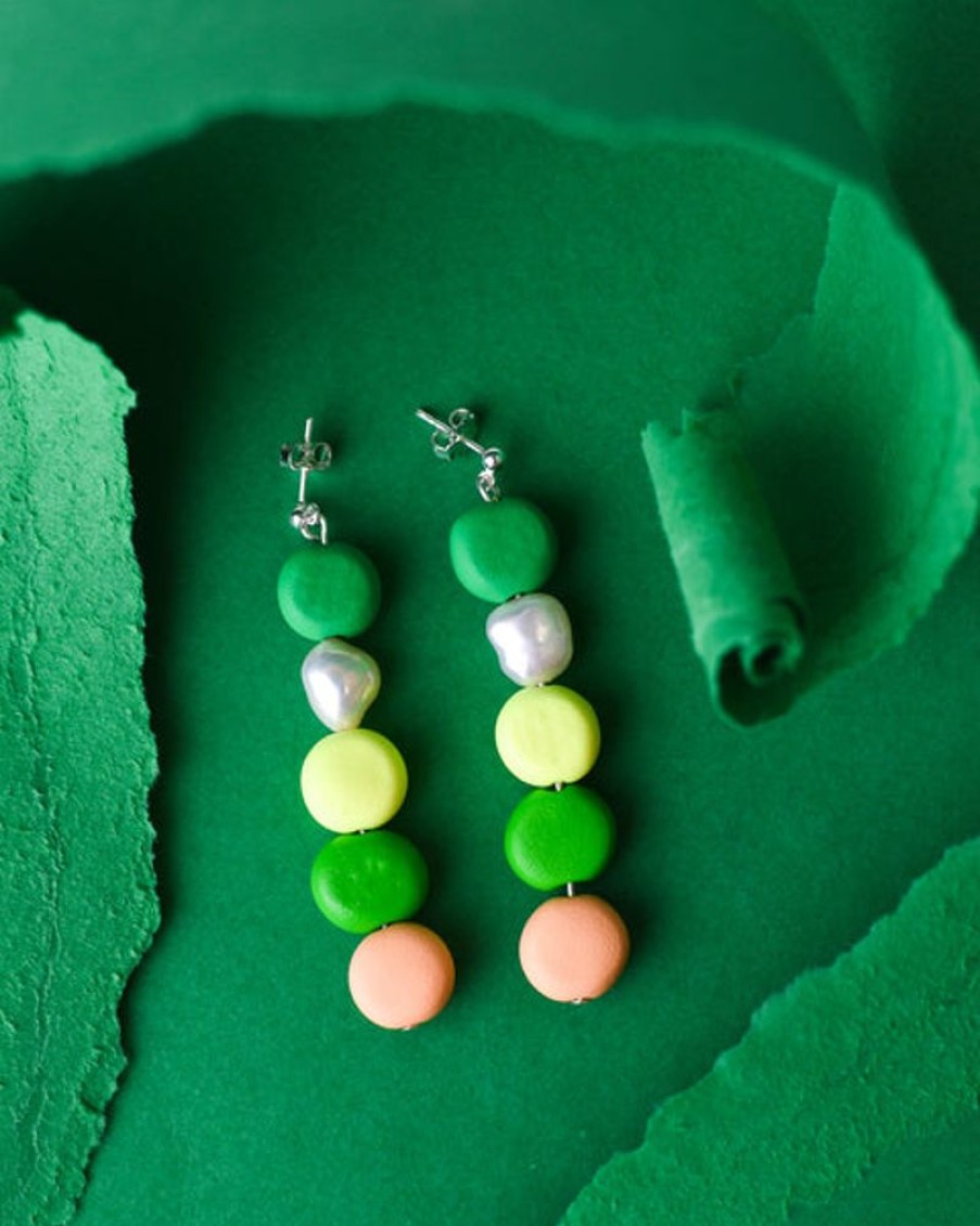 Jewellery Emily Green | Emily Green - Apricot And Emerald Beaded Pearl Drop Earrings