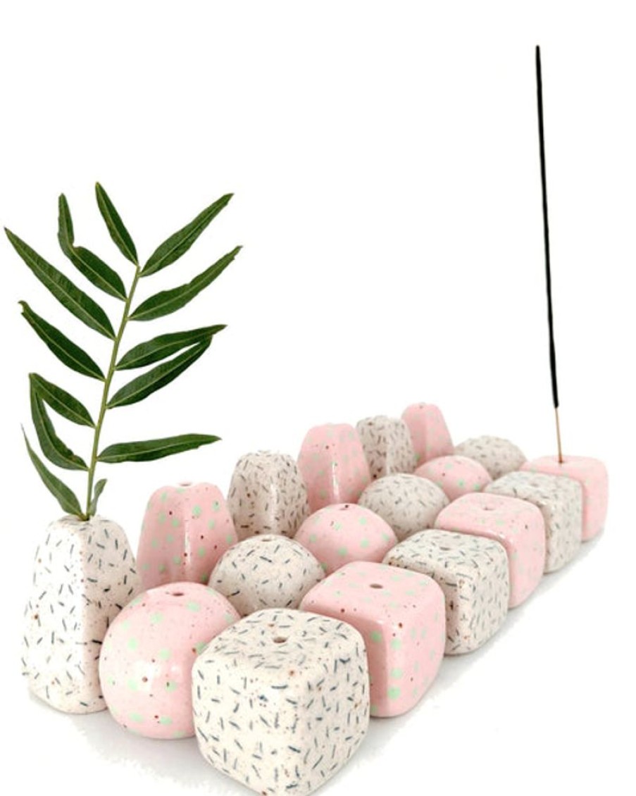 Home Decor Julie B | Julie B Ceramics - Incense/Stem Holder- Orb - Spotty Pink Mint