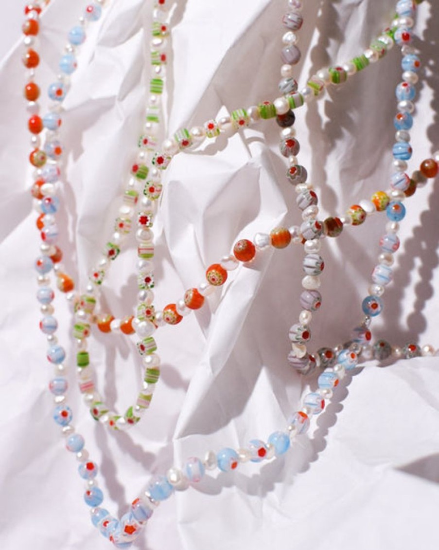 Jewellery Emily Green | Emily Green - Millefiori & Pearl Necklace - Light Blue