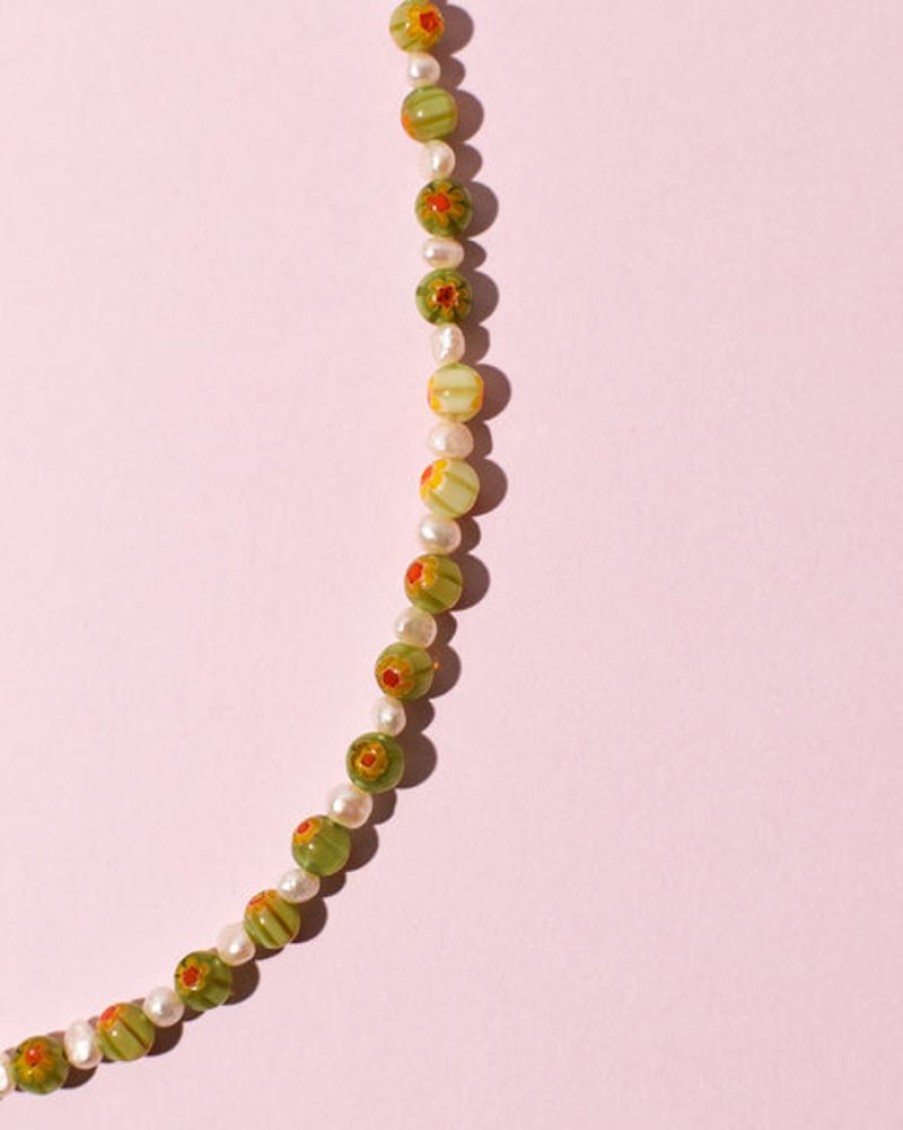 Jewellery Emily Green | Emily Green - Millefiori & Pearl Necklace - Green